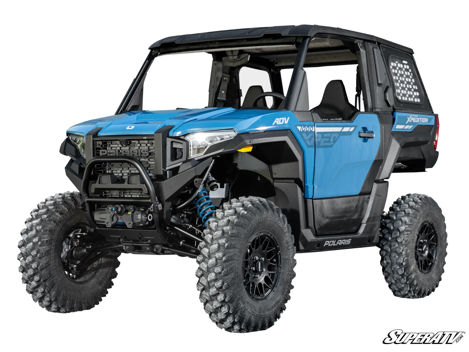 A Polaris Xpedition equipped with a 3 Lift Kit features large rugged tires, a front grill guard, and a black roof. Partially open doors reveal two seats inside. The sporty, robust design is ideal for rough terrain adventures.