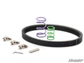 The Polaris RZR XP Turbo S Rev1 Clutch Kit includes a black toothed drive belt, two coiled springs (purple and green), three metallic cam arms, a small Allen wrench, and a metallic rod, displayed on white with the SuperATV logo.