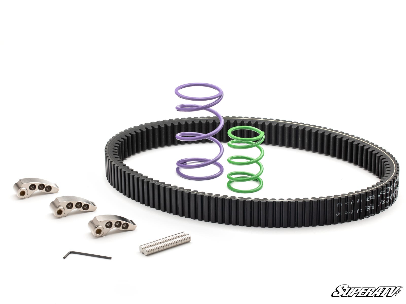 The Polaris RZR XP Turbo S Rev1 Clutch Kit includes a black toothed drive belt, two coiled springs (purple and green), three metallic cam arms, a small Allen wrench, and a metallic rod, displayed on white with the SuperATV logo.