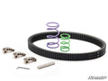 The Polaris RZR Pro XP Rev1 Clutch Kit, including a black drive belt, purple and green springs, three clutch arms, a hex key, and a silver rod, is displayed on a white background with the SuperATV logo in the bottom right corner.