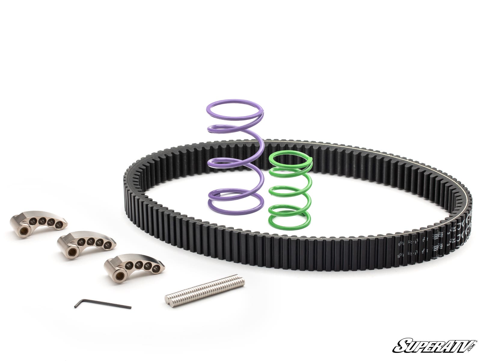The Polaris RZR Pro XP Rev1 Clutch Kit, including a black drive belt, purple and green springs, three clutch arms, a hex key, and a silver rod, is displayed on a white background with the SuperATV logo in the bottom right corner.