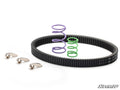 The Polaris General 1000 Rev1 Clutch Kit, featuring a black drive belt, two coiled springs (purple and green), and three metal cam weights, is displayed on a white background with the SuperATV logo in the bottom right corner.