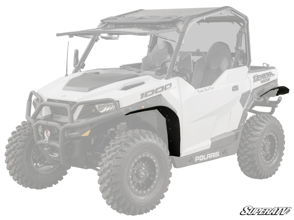 A white Polaris off-road side-by-side with rugged tires features its front left fender highlighted in black to showcase the Polaris General Low Profile Fender Flares. The vehicle is faded except for the flare, with the SuperATV logo at the lower right.