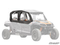 A set of Polaris General 1000 Primal Soft Cab Enclosure Upper Doors with clear windows is shown installed on a Polaris side-by-side, highlighting the enclosure while the rest fades out. The “SuperATV” logo is at the bottom right.