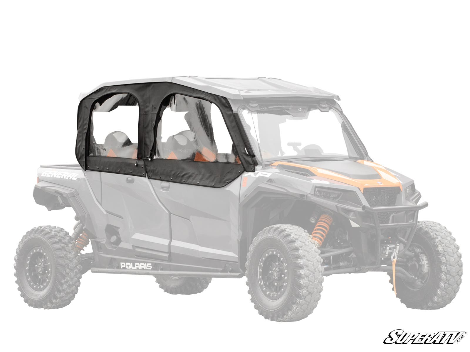 A Polaris General XP 1000 Primal Soft Cab Enclosure Upper Door is shown installed, covering the side windows and frames with clear plastic panels. The black enclosure is highlighted on the vehicle, with the SuperATV logo at bottom right.