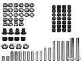 Polaris General A-Arm Bushings, including metal washers, black cylindrical bushings, hex spacers, and metal rods, are neatly arranged in rows on a white background. The SuperATV logo appears in the bottom right corner.
