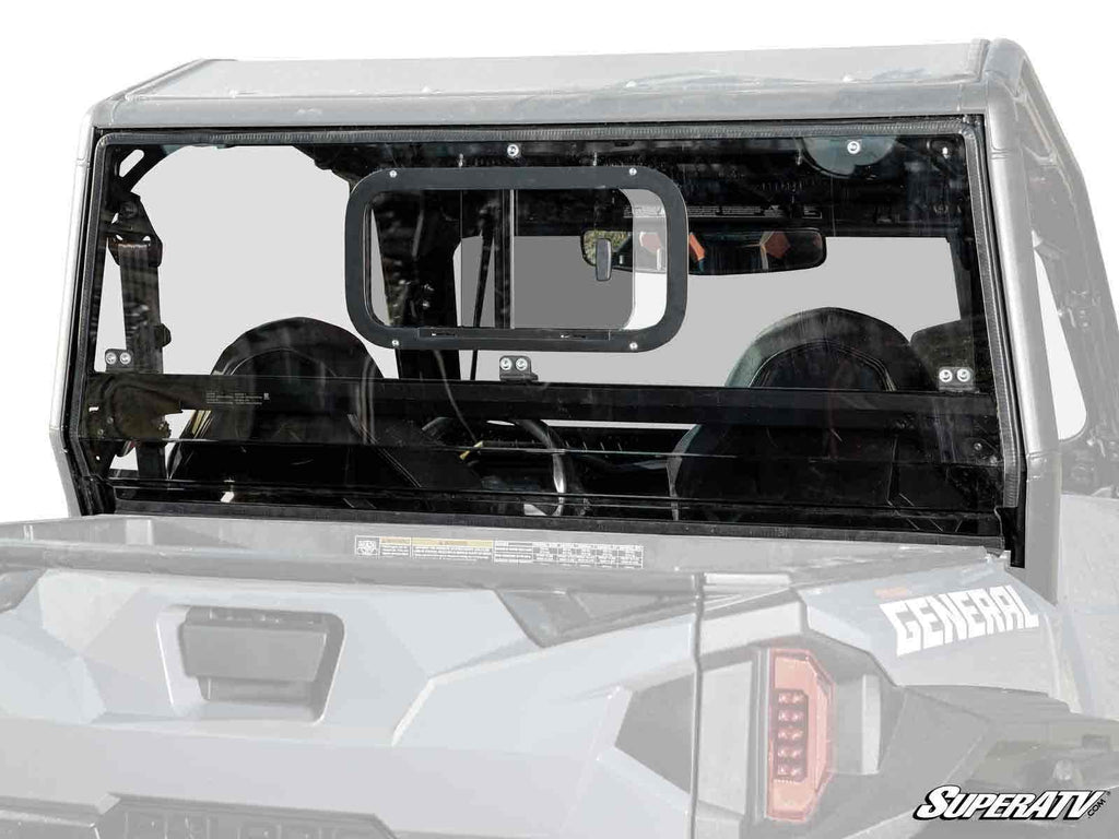 The Polaris General 1000 Sliding Rear Windshield is installed on a Polaris General side-by-side, showing the cab interior and two headrests through the clear glass. The SuperATV logo is visible in the lower right corner.