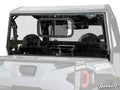 The Polaris General 1000 Sliding Rear Windshield is installed on a Polaris General side-by-side, showing the cab interior and two headrests through the clear glass. The SuperATV logo is visible in the lower right corner.