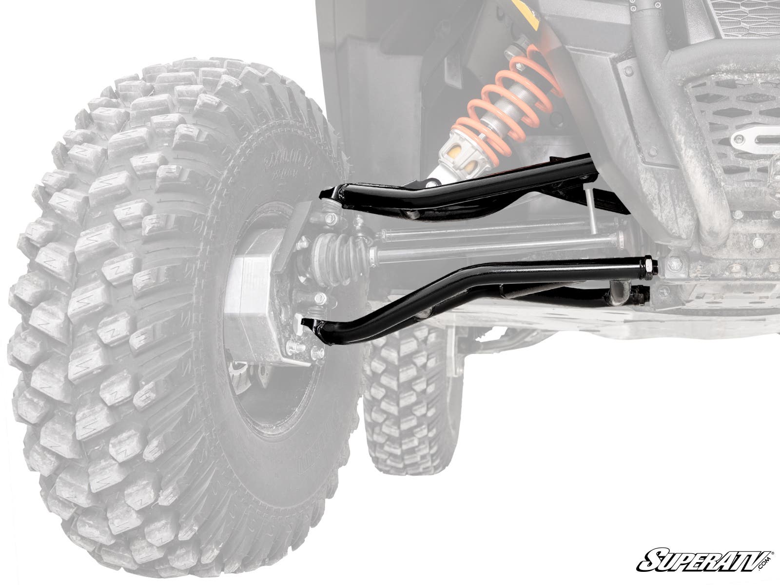 Close-up of Polaris General XP 1000 High Clearance 1.5 Forward Offset A-Arms installed on the front wheel of an off-road vehicle, with faded background highlighting the A-arm and rugged tire. SuperATV logo is shown in the bottom right corner.