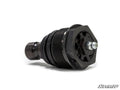 The SuperATV Heavy-Duty Threaded Ball Joint for Polaris is shown angled on a white background, featuring a black metal body, hexagonal base, threaded shaft, and silver grease fitting. The SuperATV logo is visible in the bottom right corner.