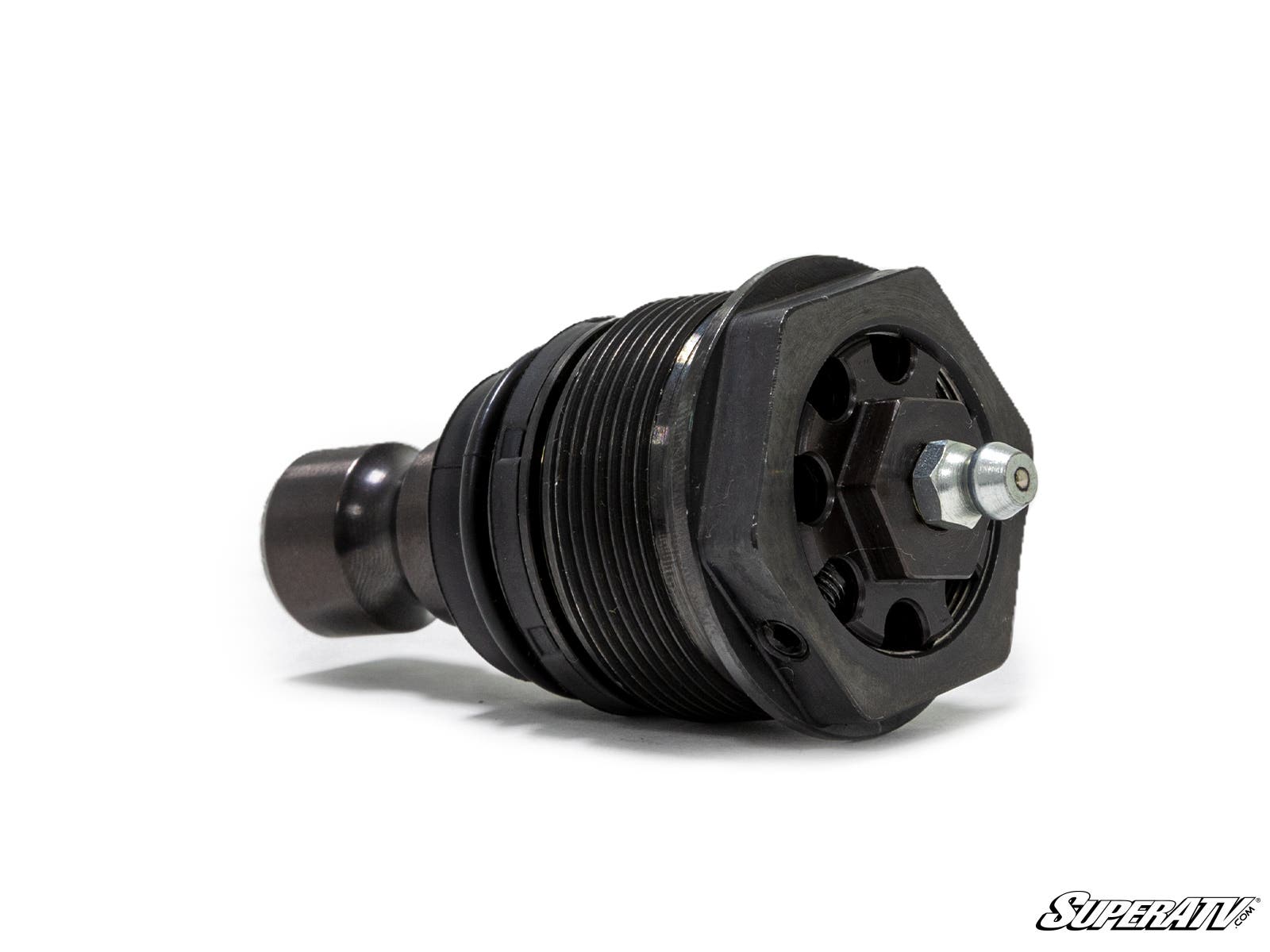 The SuperATV Heavy-Duty Threaded Ball Joint for Polaris is shown angled on a white background, featuring a black metal body, hexagonal base, threaded shaft, and silver grease fitting. The SuperATV logo is visible in the bottom right corner.