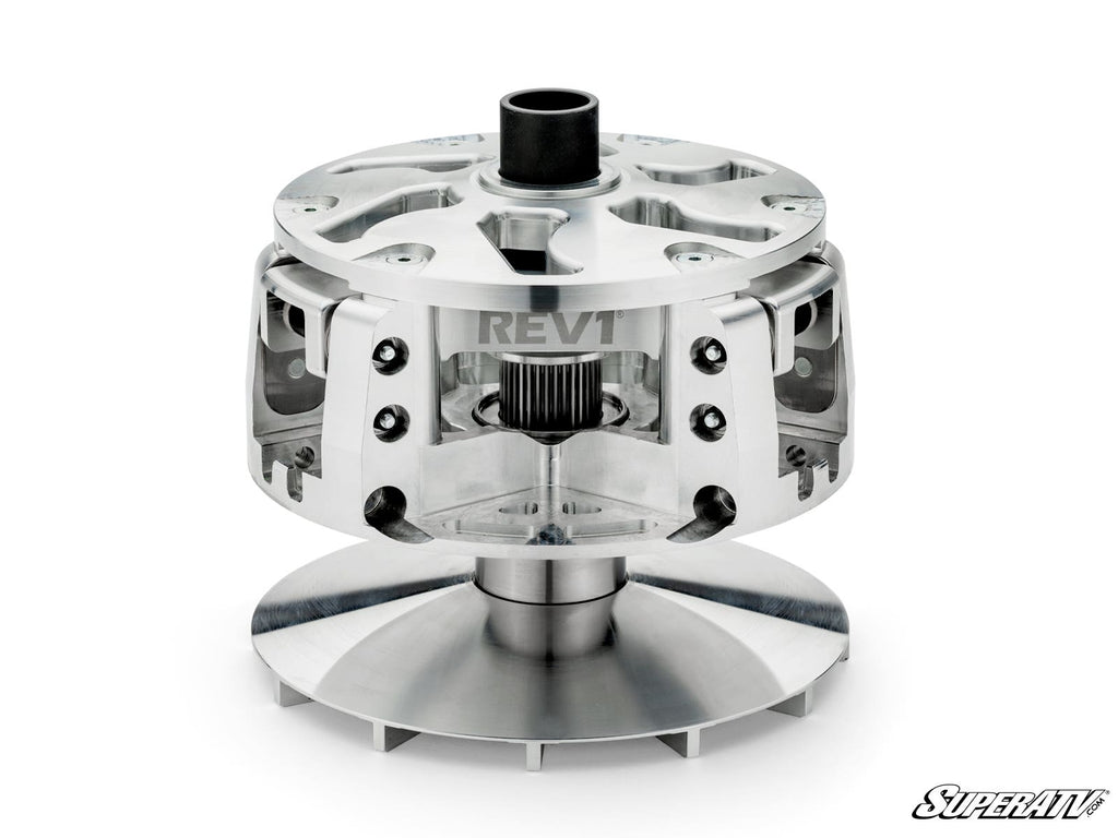 A shiny Polaris RZR PRO XP Primary Clutch Assembly with visible bolts, gear teeth, and a cylindrical top labeled “REV1” is shown on a white background. The SuperATV logo is in the bottom right corner.