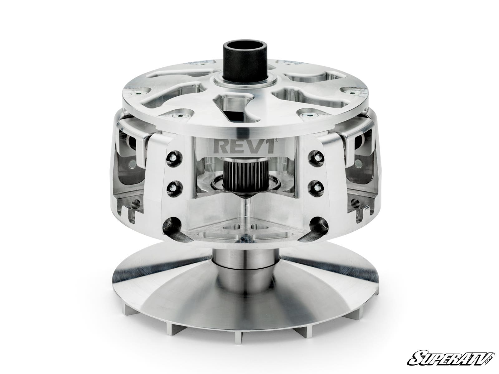 A shiny Polaris RZR PRO XP Primary Clutch Assembly with visible bolts, gear teeth, and a cylindrical top labeled “REV1” is shown on a white background. The SuperATV logo is in the bottom right corner.