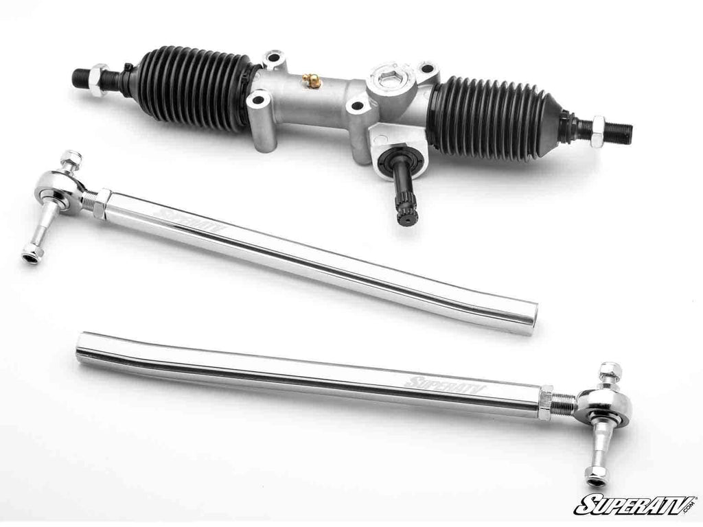 The Polaris RZR PRO XP RackBoss 2.0 Rack and Pinion is shown on a white background with two metal tie rods and black rubber boots at each end. The SuperATV logo is visible in the bottom right corner.