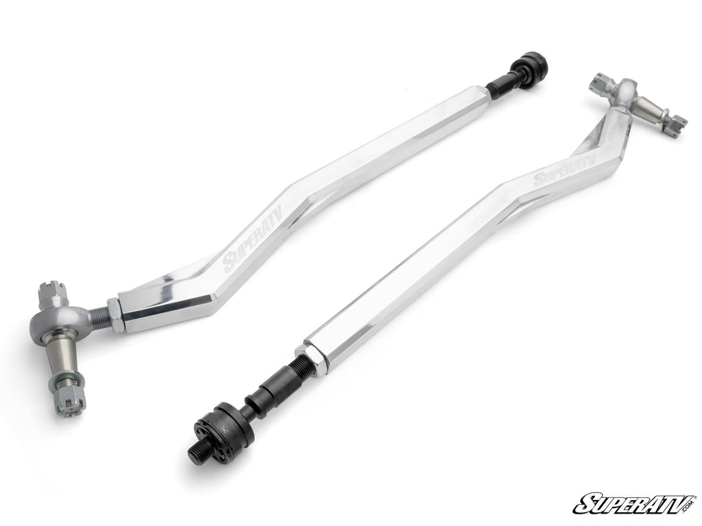 Two silver Polaris RZR Pro R RackBoss 2.0 Billet Tie Rods with black threaded ends and ball joints are displayed diagonally and parallel on a white background. The rods feature the SuperATV label and logo in the bottom right corner.