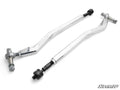 Two silver Polaris RZR Pro R RackBoss 2.0 Billet Tie Rods with black threaded ends and ball joints are displayed diagonally and parallel on a white background. The rods feature the SuperATV label and logo in the bottom right corner.