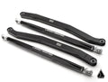 Three black Assault Industries Polaris RZR Pro R High-Clearance Billet Aluminum Radius Arms with silver ends lie on a white surface, each labeled in white. The rods differ in shape and length. A triangular logo is in the bottom right corner.