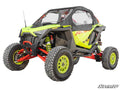 The Polaris RZR Pro R 3 Lift Kit is shown on a bright yellow and black off-road ATV with a roll cage, large rugged tires, red suspension arms, and an enclosed cab with transparent side panels from a front-side angle on a white background.