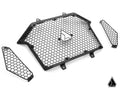The Assault Industries Polaris RZR Turbo R Stinger Grille set includes three black metal mesh guards with a honeycomb design—one large center piece with a geometric logo and two smaller side pieces—all shown on a white background.