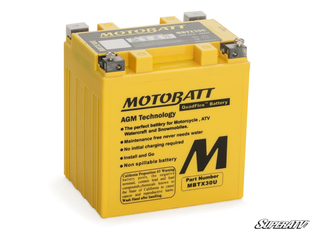 A yellow Polaris Sportsman Motobatt Battery Replacement (part number MBTX30U) for motorcycles, ATVs, watercraft, and snowmobiles, featuring four top terminals, black branding, and clear product details on the front.