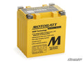 A bright yellow CFMOTO CForce Motobatt Battery Replacement (AGM, MBTX30U), designed for motorcycles, ATVs, and snowmobiles. It features black and white specs on the label and four top terminal posts with bolts.
