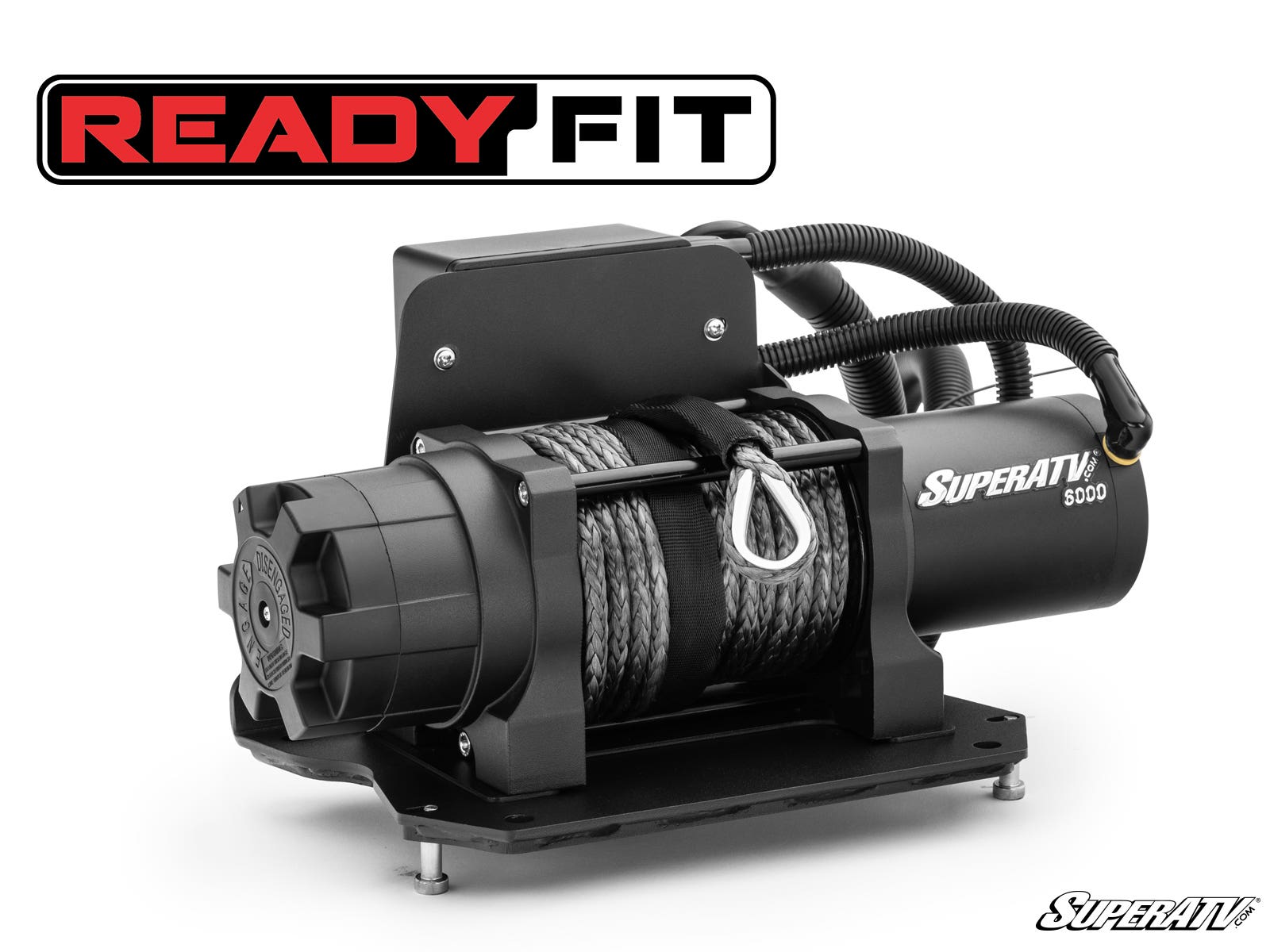 A black Polaris Ranger XD 1500 Ready-Fit Winch with rope on the drum is mounted on a black base. Two thick, coiled cables extend from the motor housing. The READY FIT logo is at the top, and the SuperATV logo appears in the lower right corner.