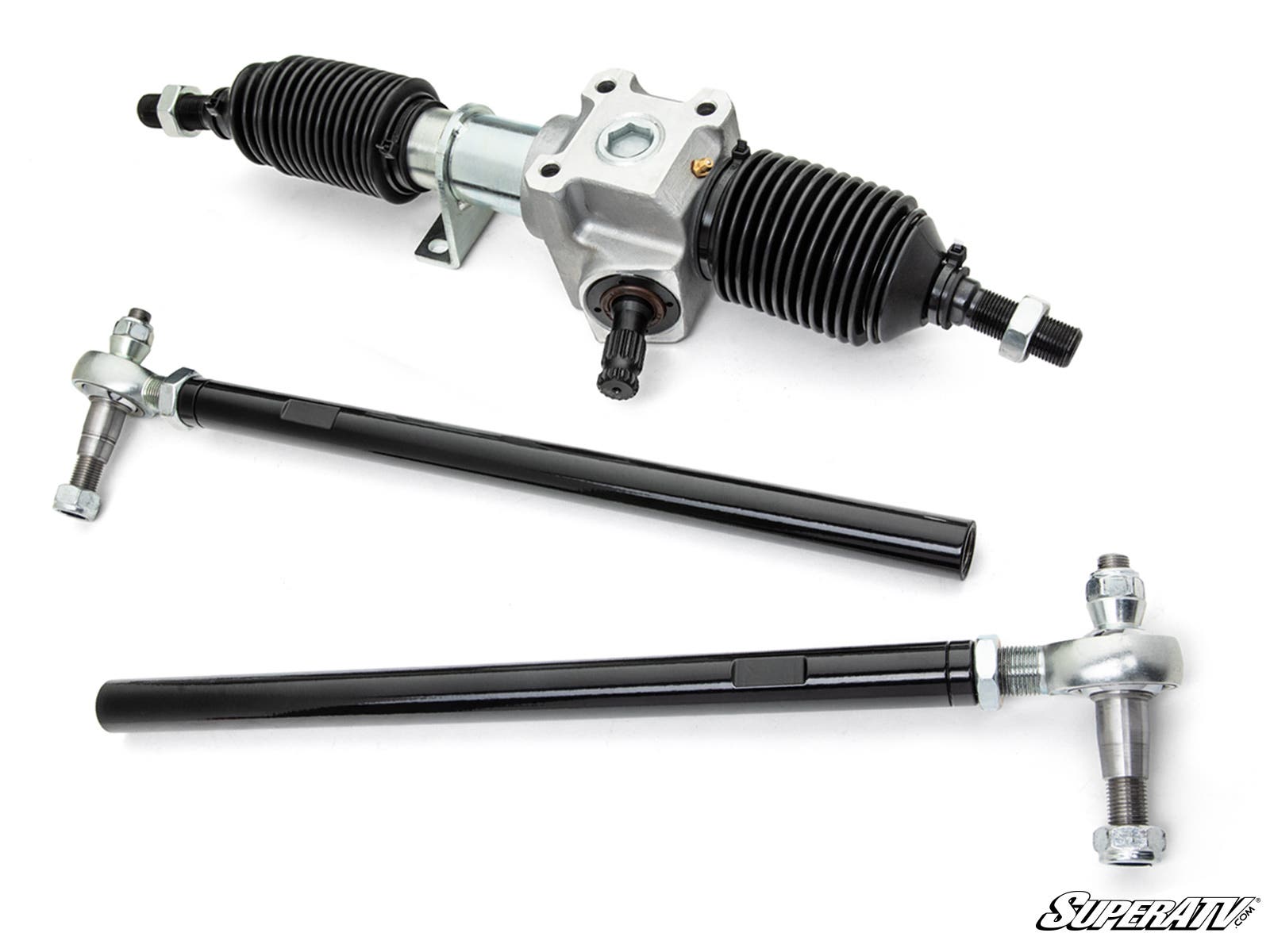 The Polaris Ranger Full-Size 500 RackBoss 2.0 Rack and Pinion, a metal assembly with black rubber boots on each end, is shown above two long black tie rods with silver ends. “SuperATV” appears in white in the bottom right on a white background.