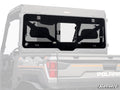 A Polaris Ranger XP 1000 Glass Sliding Rear Windshield is installed on a side-by-side, featuring black mounting brackets, top corner latches, a sliding center window, and the SuperATV logo in the bottom right corner.