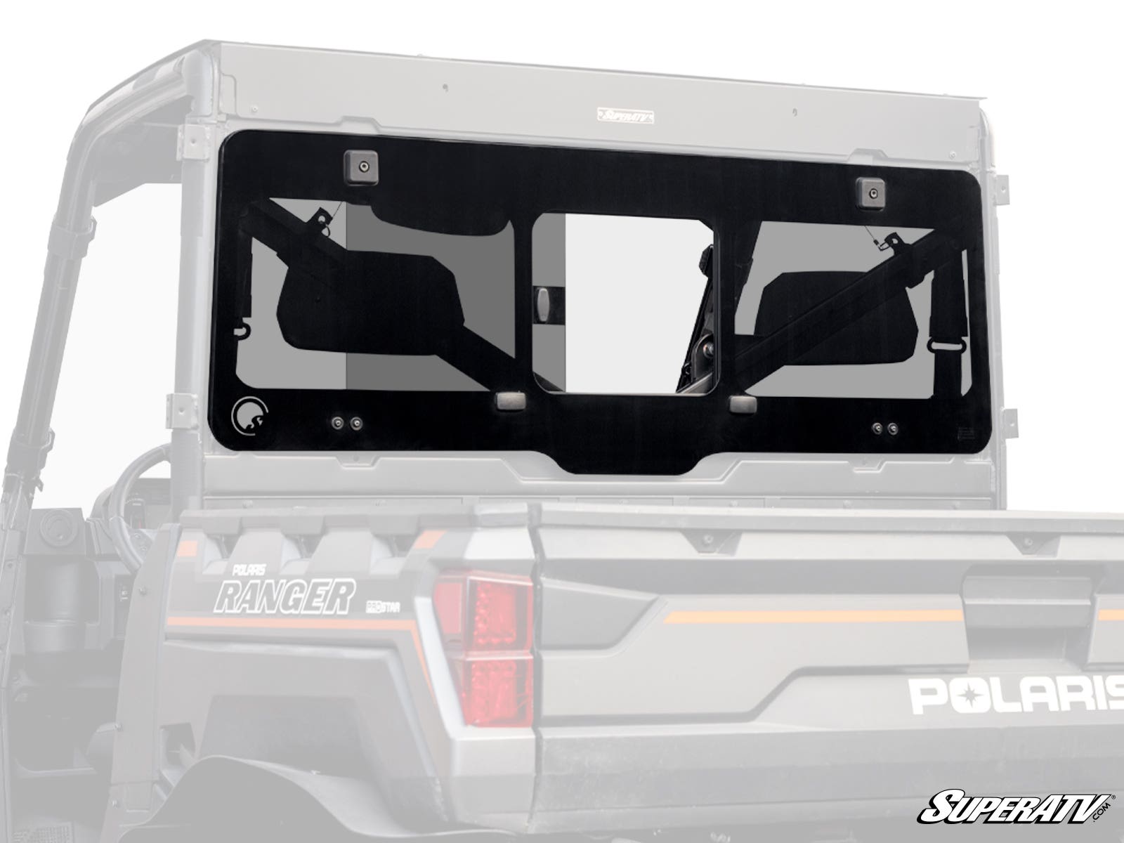 A Polaris Ranger XP 1000 Glass Sliding Rear Windshield is installed on a side-by-side, featuring black mounting brackets, top corner latches, a sliding center window, and the SuperATV logo in the bottom right corner.