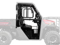 Side view of Polaris Ranger 1000 Convertible Cab Enclosure Doors in black metal and glass, featuring a clear window, black frame, visible hinges, and latch on a Polaris Ranger utility vehicle with a mostly transparent background.