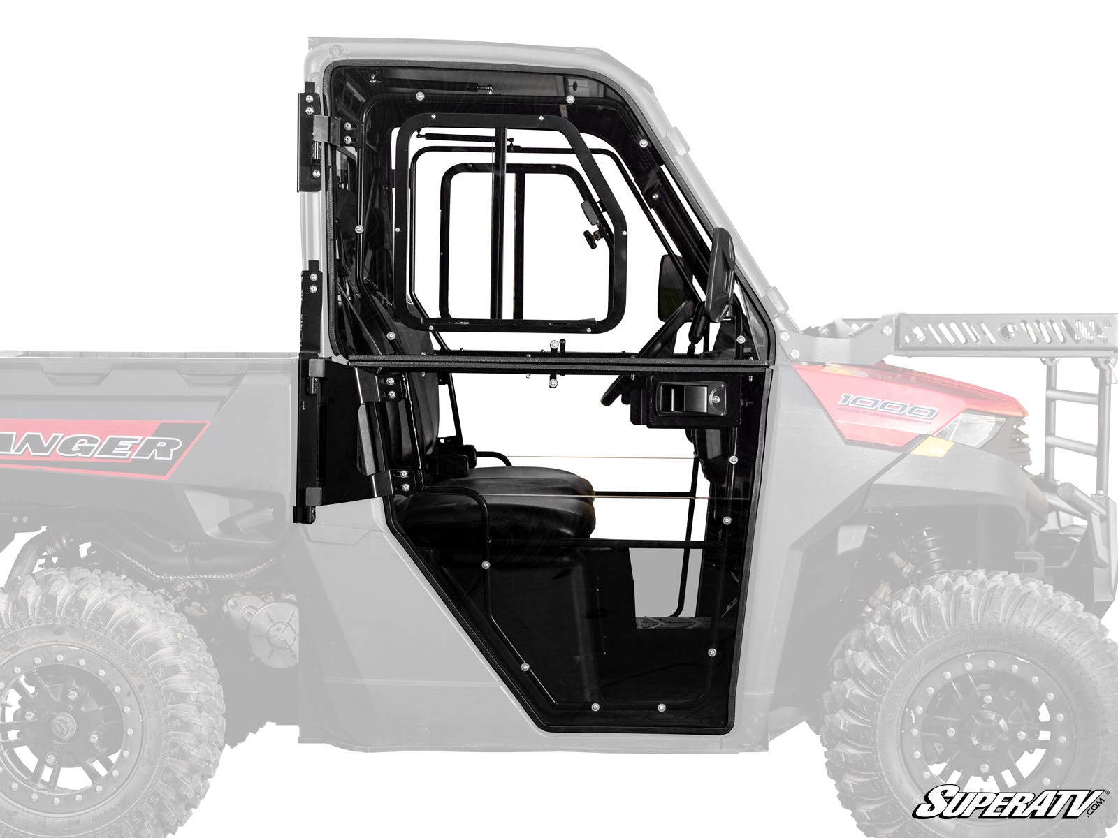 Side view of Polaris Ranger 1000 Convertible Cab Enclosure Doors in black metal and glass, featuring a clear window, black frame, visible hinges, and latch on a Polaris Ranger utility vehicle with a mostly transparent background.