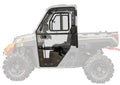 A full view of Polaris Ranger XP 1000 Convertible Cab Enclosure Doors with a clear solid panel, black metal frame, latch handle, sliding window, and mounting bolts, shown against a semi-transparent outline of the vehicle.