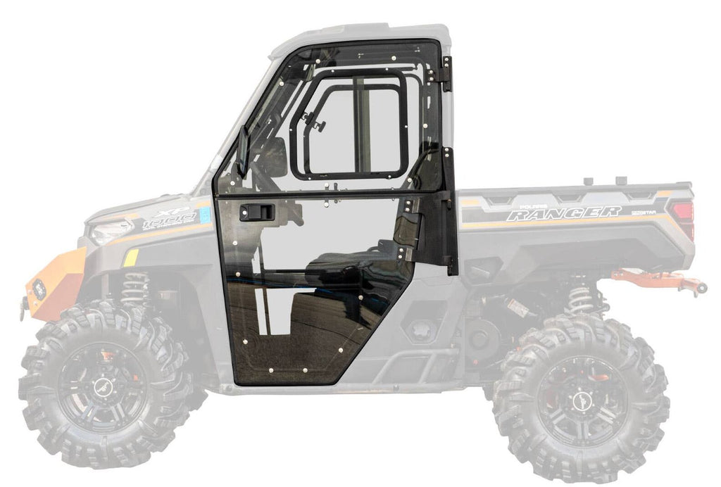 The Polaris Ranger XP Kinetic Convertible Cab Enclosure Doors are shown with a black frame, clear panels, handle, and hinges superimposed on the side of an off-road Polaris Ranger to illustrate their fit on the vehicle’s cab.