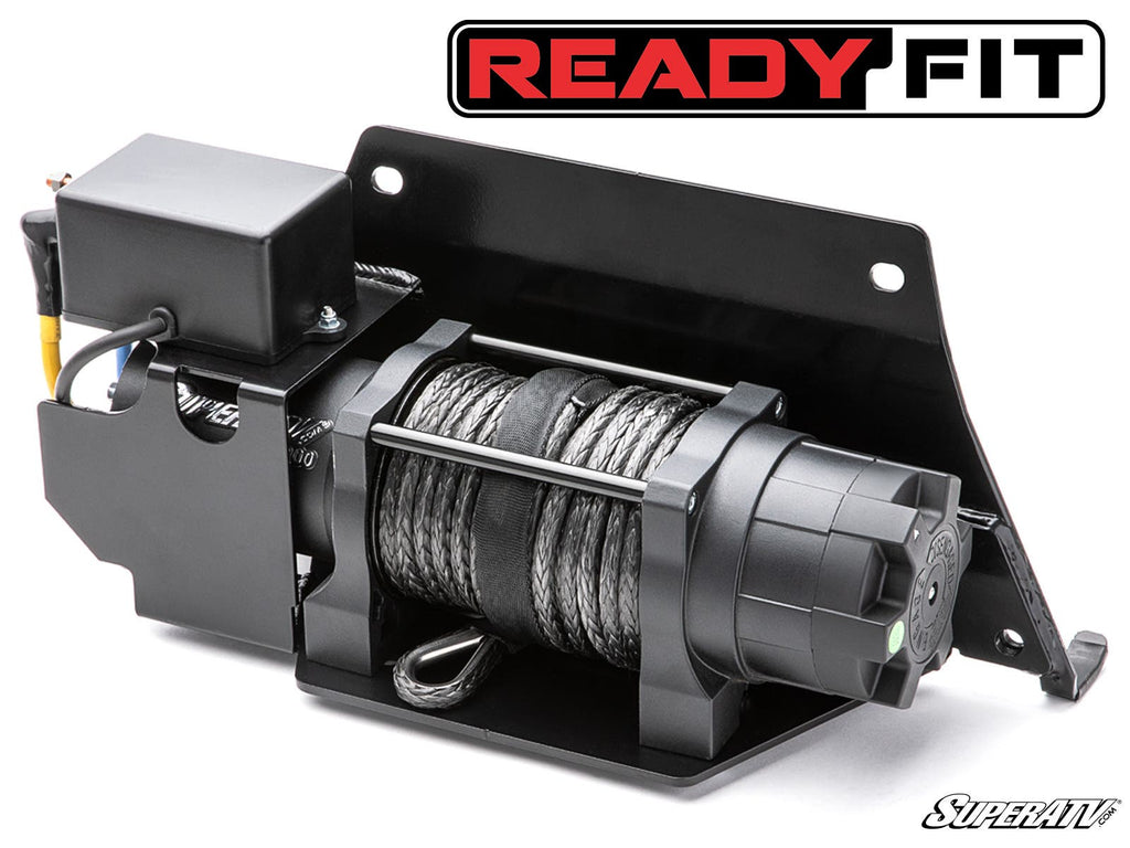 The Polaris Ranger 1000 Ready-Fit Winch, featuring a black finish and synthetic rope on a metal bracket, is displayed on a white background with the “READY FIT” logo in red, black, and white above and the “SuperATV” logo at lower right.