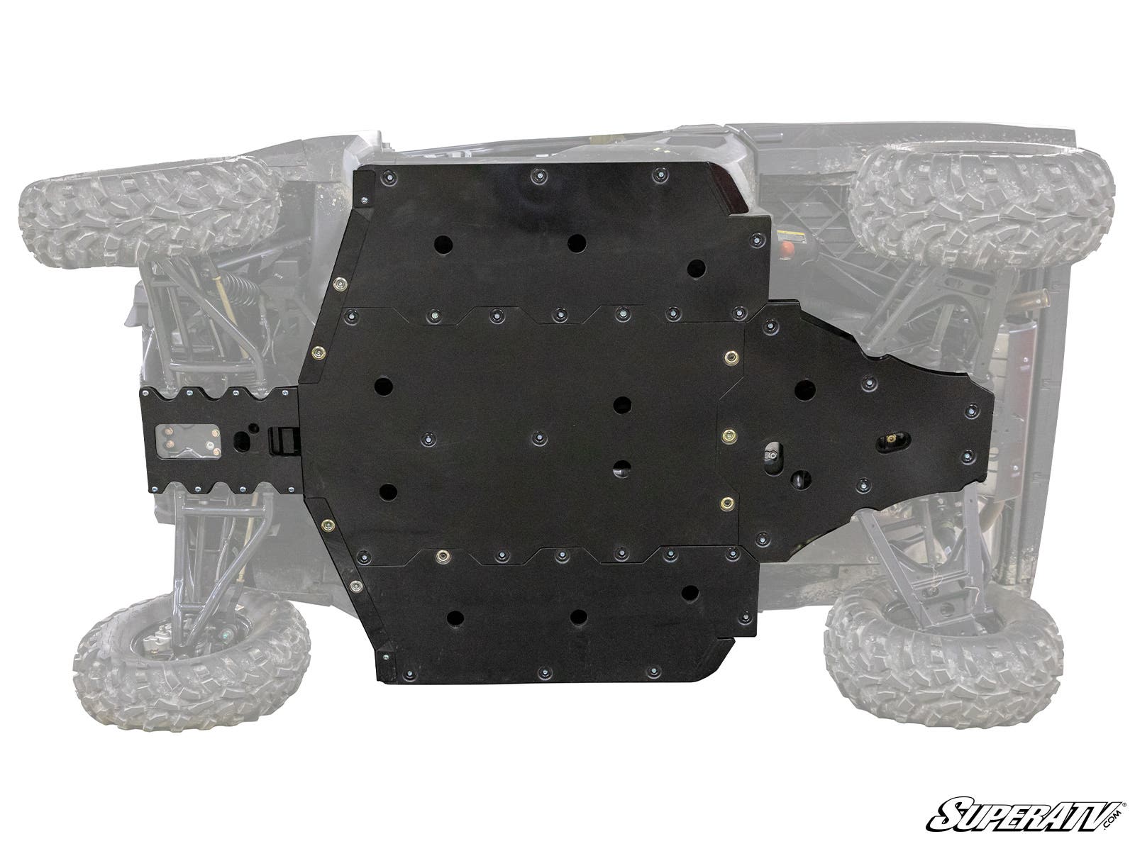 A view of the underside of an off-road vehicle shows a large, black Polaris Ranger 1000 Full Skid Plate covering most of the chassis. Four oversized, rugged tires sit at each corner, with the SuperATV logo in the bottom right corner.