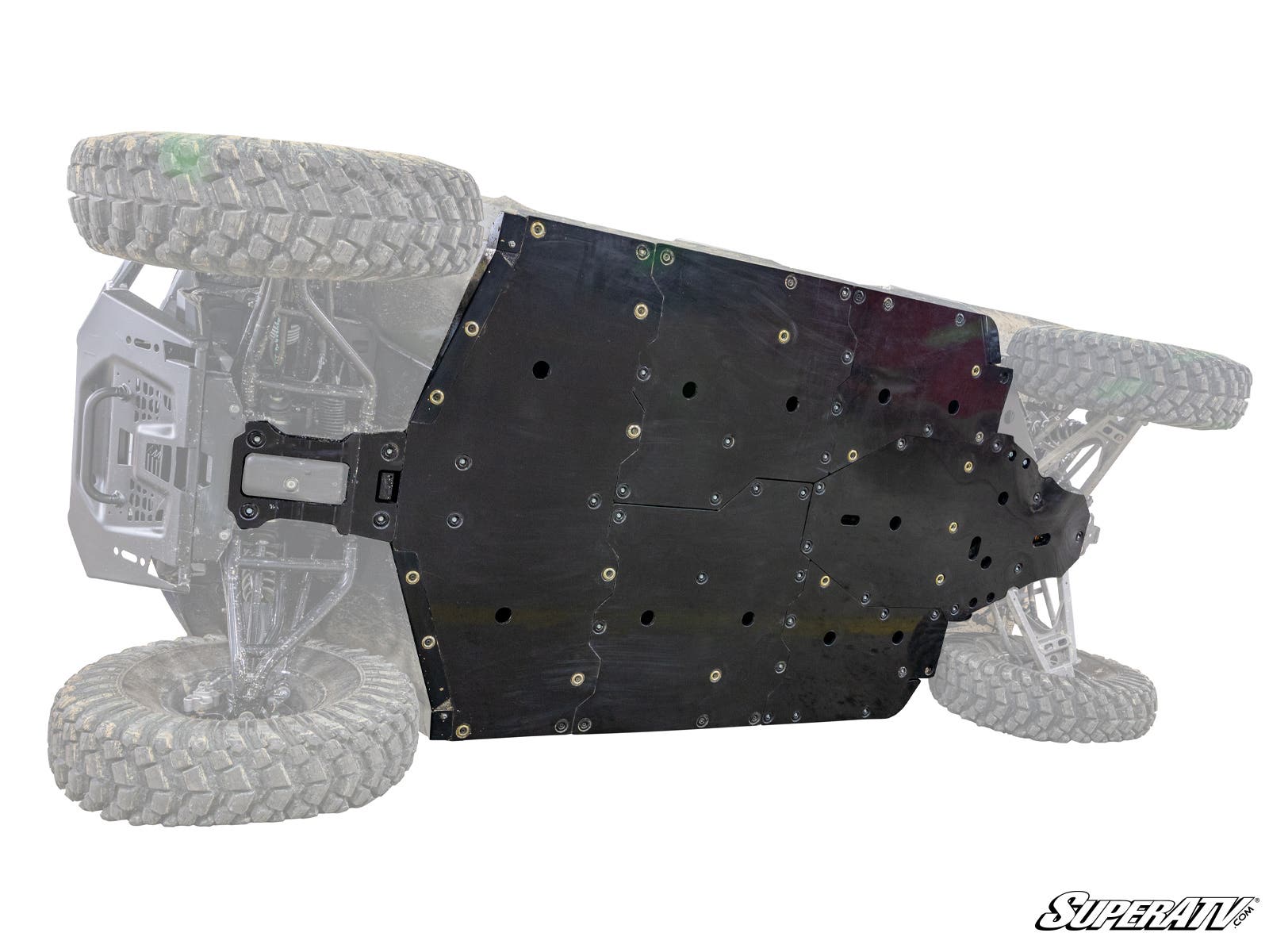 A Polaris Ranger XP 1000 Crew is shown on its side with most parts faded to highlight a black Full Skid Plate secured by bolts. The SuperATV logo appears lower right. This skid plate covers the vehicle’s underside for extra protection.