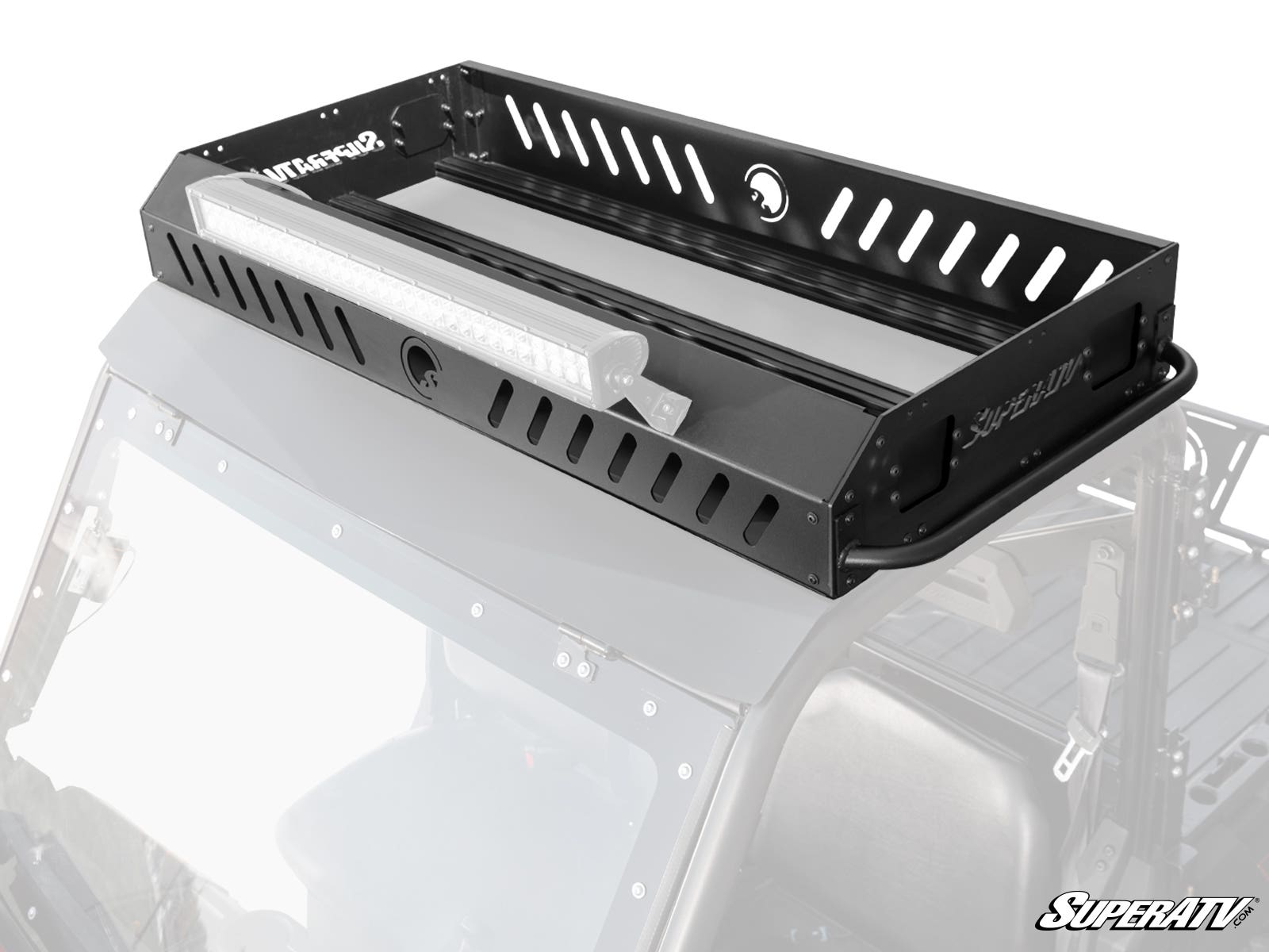 A Polaris Ranger XP 1000 Outfitter Roof Rack, made of black metal with cut-out slots and a mounted LED light bar, is installed above the off-road vehicle’s front seats. The SuperATV-labeled rack is partially visible in a transparent overlay.