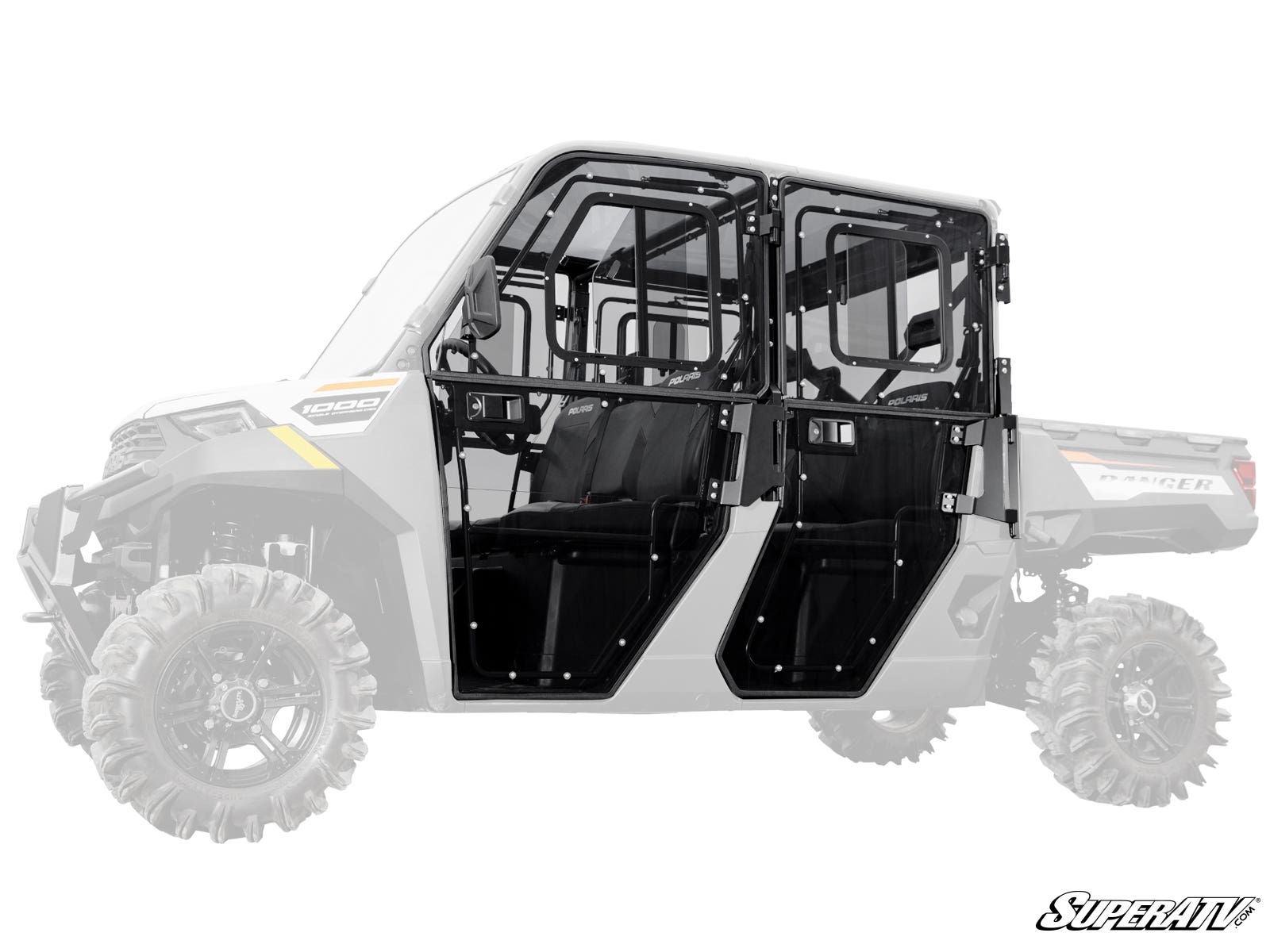 Side view of a Polaris Ranger Crew 1000 with SuperATV Convertible Cab Enclosure Doors in black, highlighted over a faded gray vehicle. Features sturdy metal frame, large windows, secure latching, and all-terrain tires. SuperATV logo in corner.