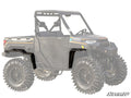 A side view of a black Polaris Ranger XP 1000 with tall off-road tires and Polaris Ranger XP 1000 Fender Flares installed on the rear wheel wells; the faded body highlights the new fender flare components.