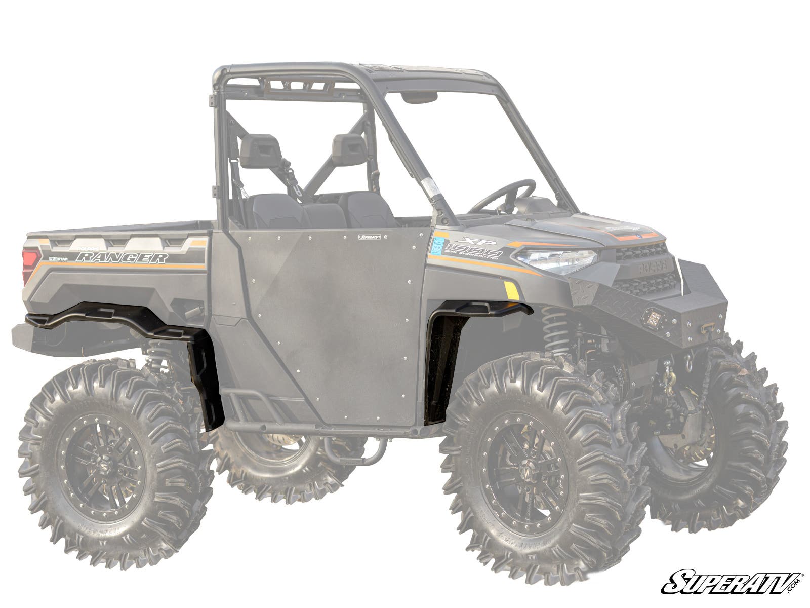 A side view of a black Polaris Ranger XP 1000 with tall off-road tires and Polaris Ranger XP 1000 Fender Flares installed on the rear wheel wells; the faded body highlights the new fender flare components.