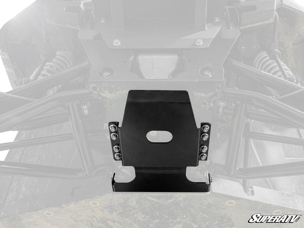 A close-up shows the Polaris Ranger XP Kinetic Frame Stiffener, a black metal skid plate installed under an off-road vehicle with suspension arms and chassis visible. The SuperATV logo is in the bottom right, with a faded background.