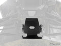 A close-up shows the Polaris Ranger XP Kinetic Frame Stiffener, a black metal skid plate installed under an off-road vehicle with suspension arms and chassis visible. The SuperATV logo is in the bottom right, with a faded background.