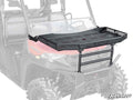 The Polaris Ranger XP Kinetic Hood Rack Charlie, a black metal rack with side rails and a grated platform, is mounted on the front hood of a red ATV. The faded background highlights the rack, with the SuperATV logo in the bottom right corner.