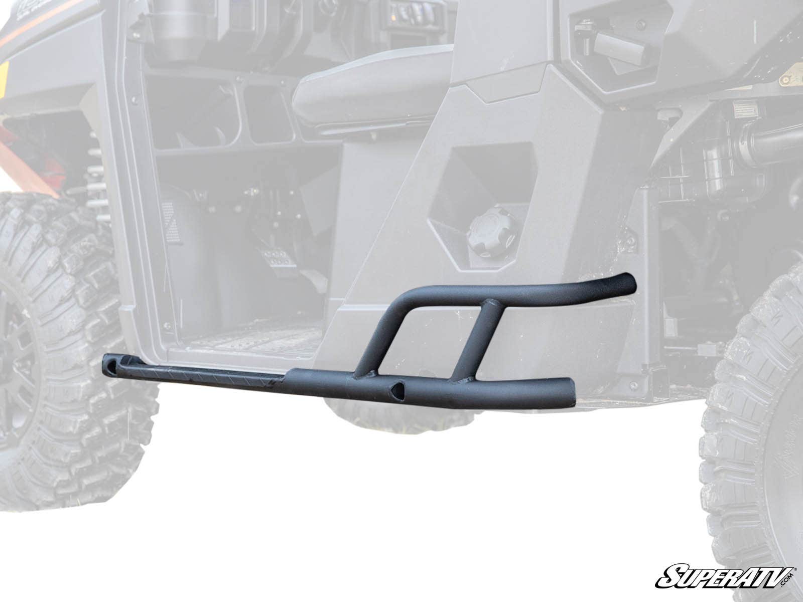 A set of Polaris Ranger XP Kinetic Nerf Bars in black metal is showcased prominently, with a semi-transparent side view of an ATV/UTV in the background illustrating the mounting area. The SuperATV logo appears at the bottom right.