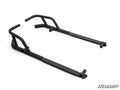 The Gravely Atlas 3400 JSV Heavy-Duty Nerf Bars are black metal UTV rock sliders featuring angular side bars and textured step plates for off-road protection. The SuperATV logo is shown at the bottom right on a white background.