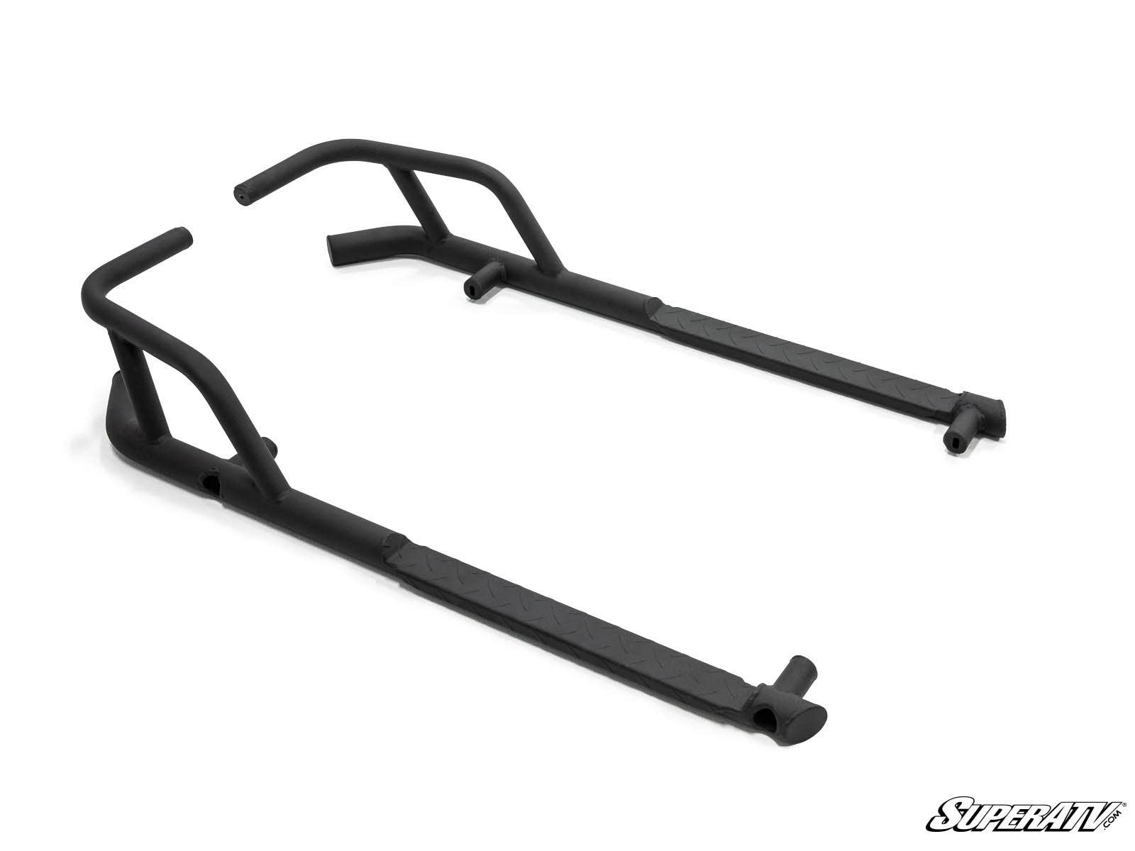 The Gravely Atlas 3400 JSV Heavy-Duty Nerf Bars are black metal UTV rock sliders featuring angular side bars and textured step plates for off-road protection. The SuperATV logo is shown at the bottom right on a white background.