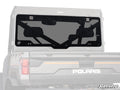 A Polaris Ranger XP 1000 Rear Glass Windshield with black trim is installed on the back of a gray Polaris off-road vehicle, featuring visible hinges, handles, and the SuperATV logo in the lower right corner.