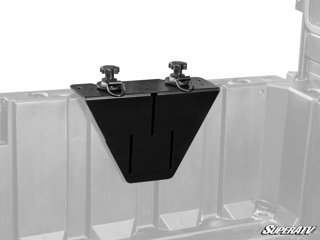 The Polaris Ranger Jerry Can & Mount, in black metal with two large adjustable knobs, is attached to a gray vehicle bed. The bottom right corner displays the “SuperATV” logo.