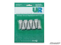 A green and white retail pack labeled Up & Running Polaris Ranger Wheel Studs contains six silver studs. It displays branding, part number WSTD-PRAN1X, UP AND RUNNING, and the SuperATV logo at the bottom right.