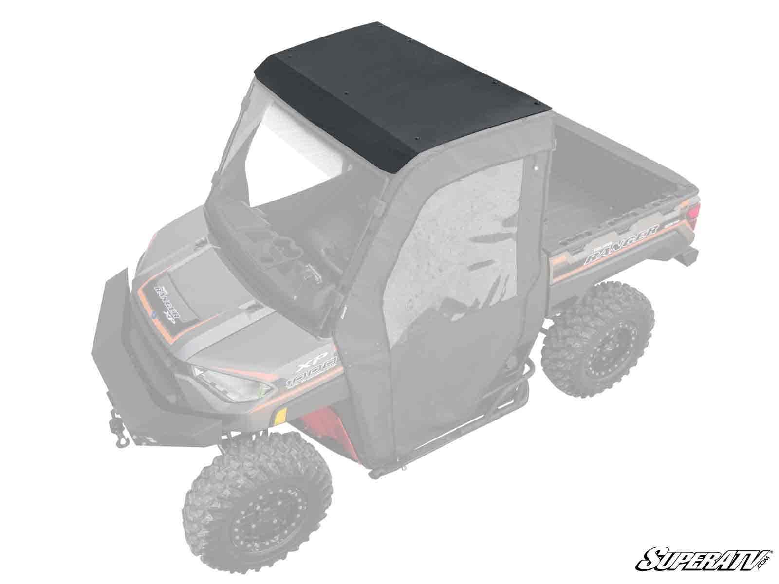 A Polaris Ranger XP 1000 Aluminum Roof in black is shown installed on a side-by-side UTV. The roof is in full color; the rest of the vehicle appears faded in gray. The “SuperATV” logo is displayed in the bottom right corner.
